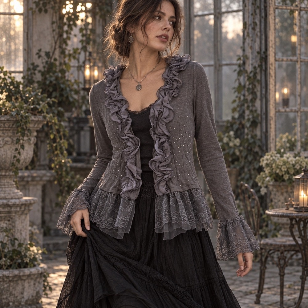 Pretty Angel Linen Lace Ruffle Cardigan Large Fairy Grunge Whimsigoth Lagenlook
